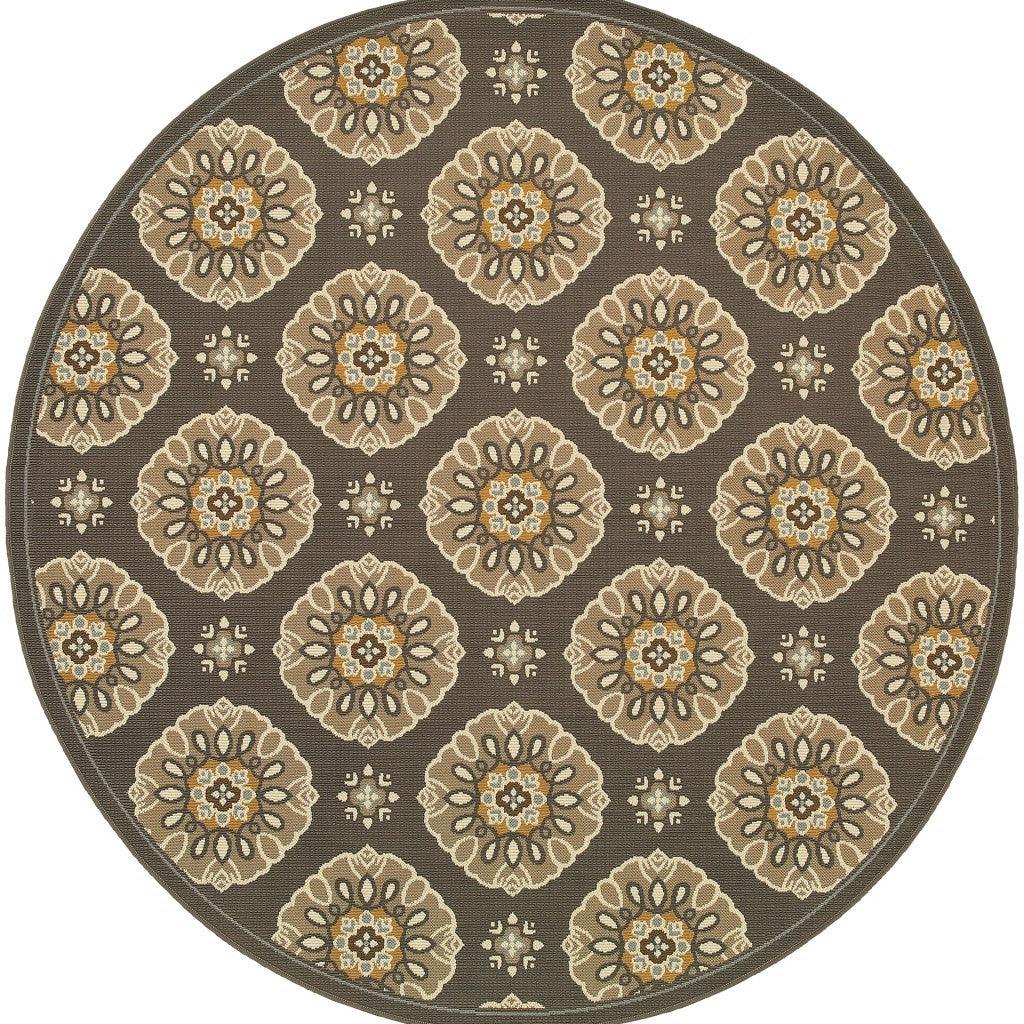 5' x 8' Grey Gold Floral Medallion Discs Indoor Outdoor Area Rug - AFS