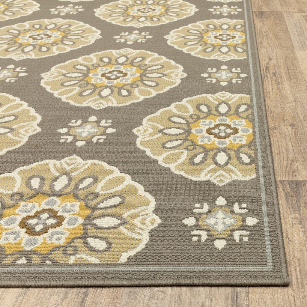 5' x 8' Grey Gold Floral Medallion Discs Indoor Outdoor Area Rug - AFS