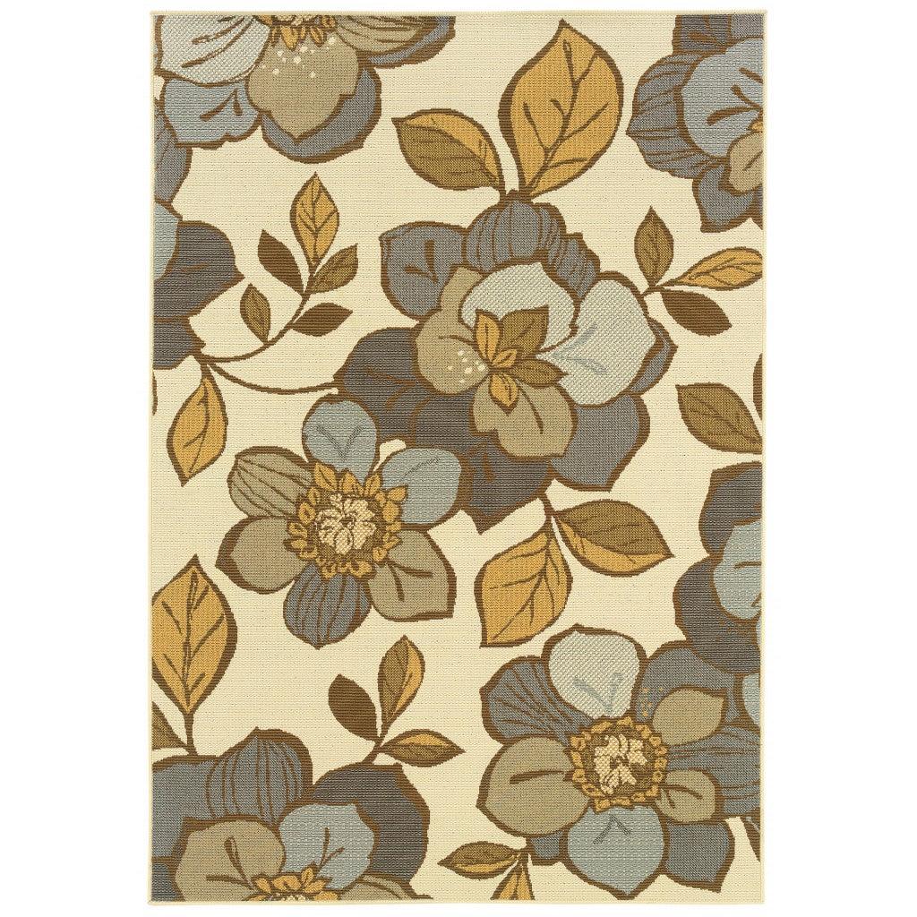 8' Ivory Gray Large Floral Blooms Indoor Outdoor Runner Rug - AFS