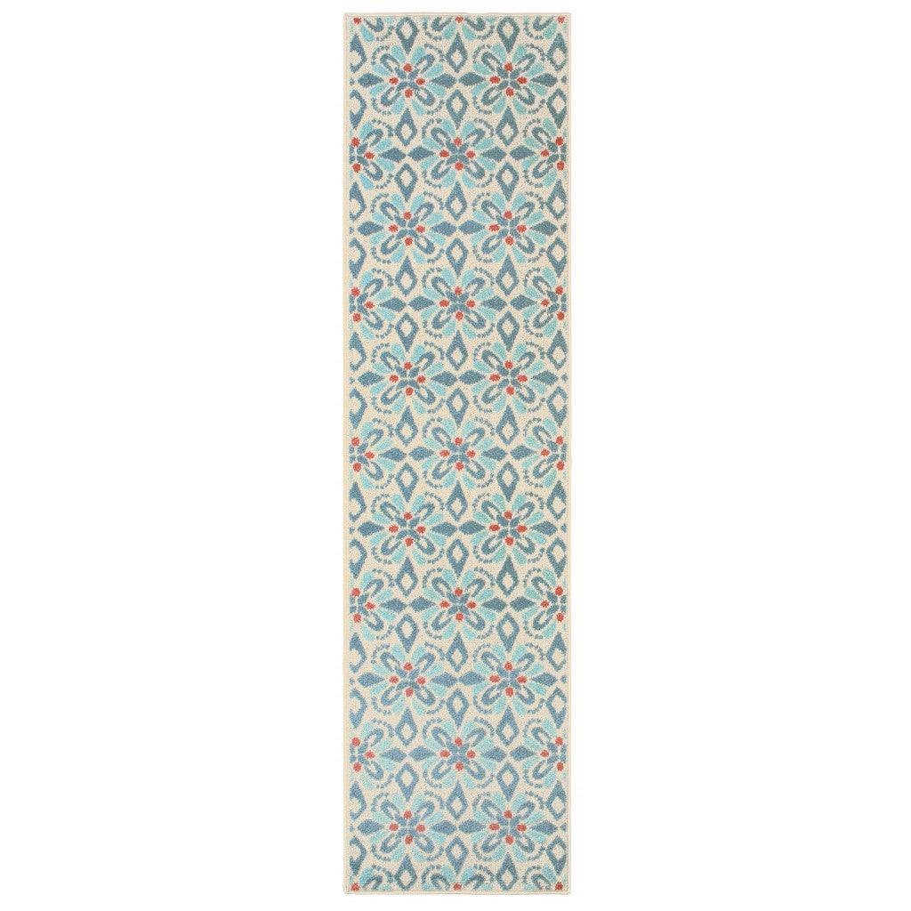 3' x 5' Ivory Blue Global Geo Tile Indoor Outdoor Area Rug - AFS