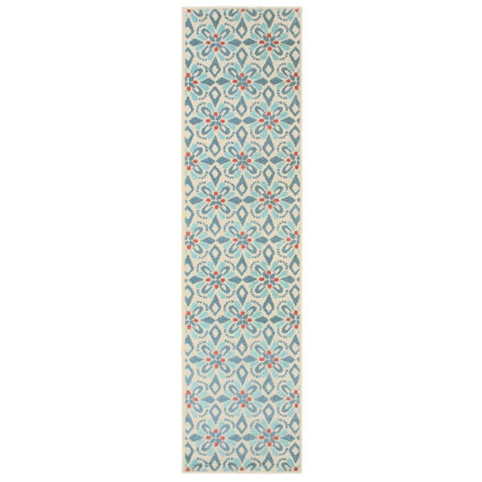 3' x 5' Ivory Blue Global Geo Tile Indoor Outdoor Area Rug - AFS