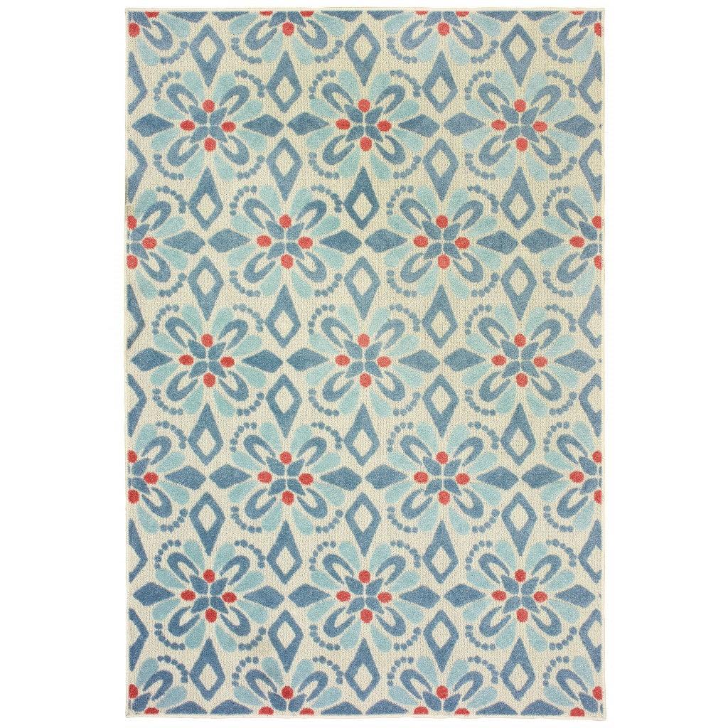 3' x 5' Ivory Blue Global Geo Tile Indoor Outdoor Area Rug - AFS