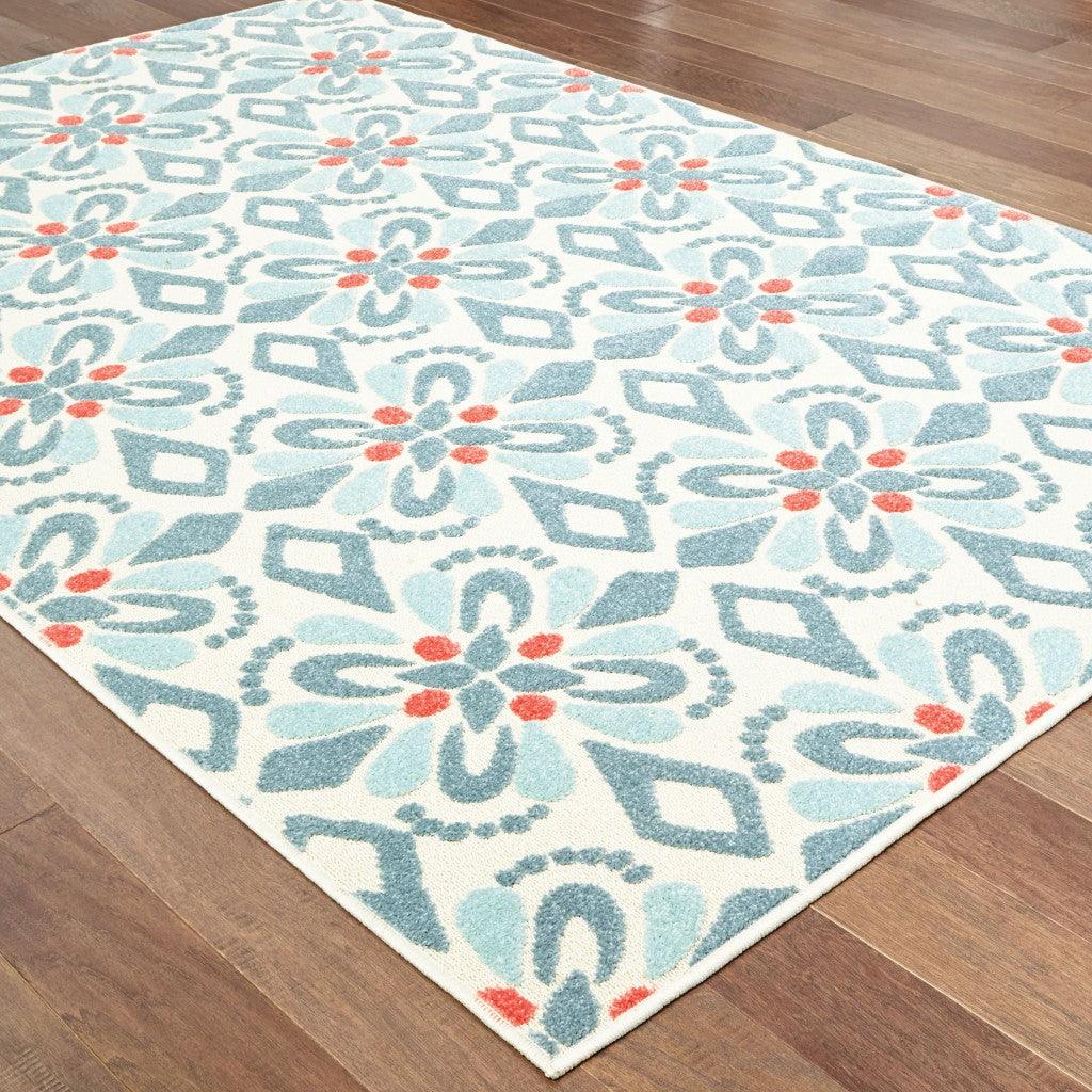 3' x 5' Ivory Blue Global Geo Tile Indoor Outdoor Area Rug - AFS