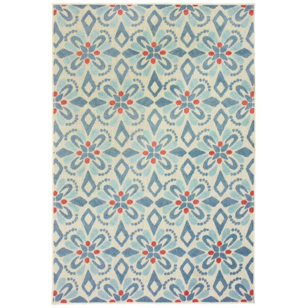 3' x 5' Ivory Blue Global Geo Tile Indoor Outdoor Area Rug - AFS