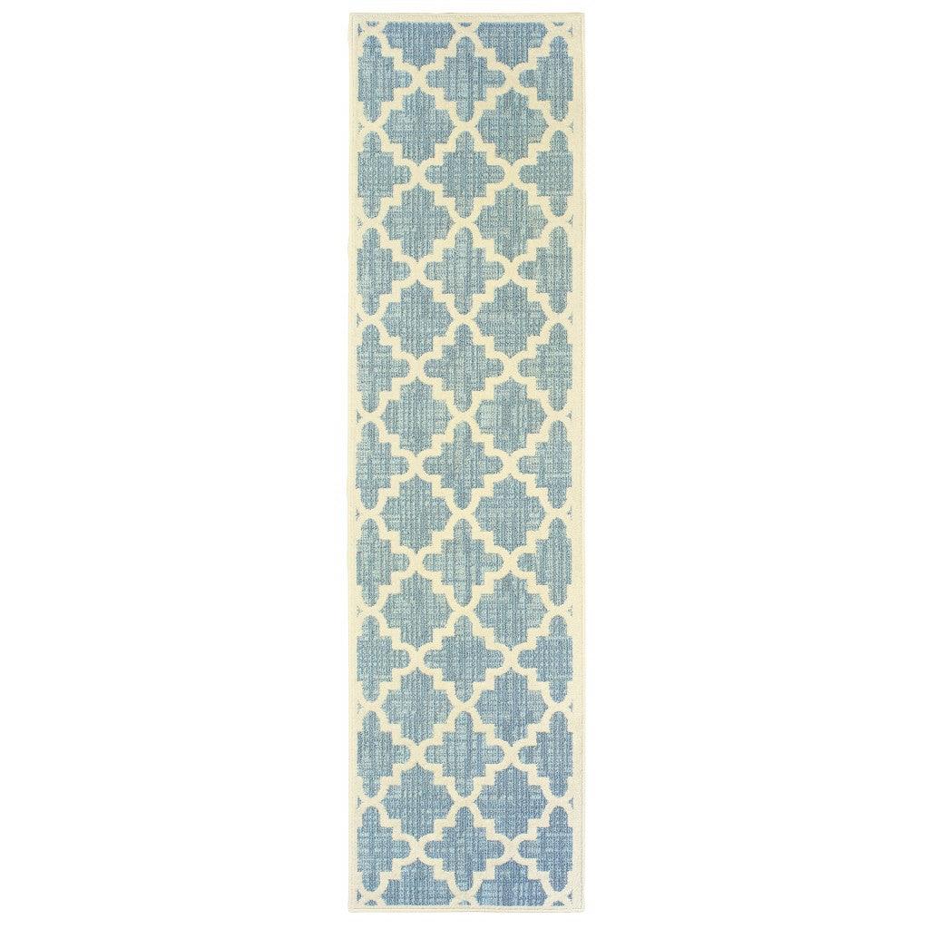 7' x 10' Blue Ivory Machine Woven Geometric Indoor or Outdoor Area Rug - AFS