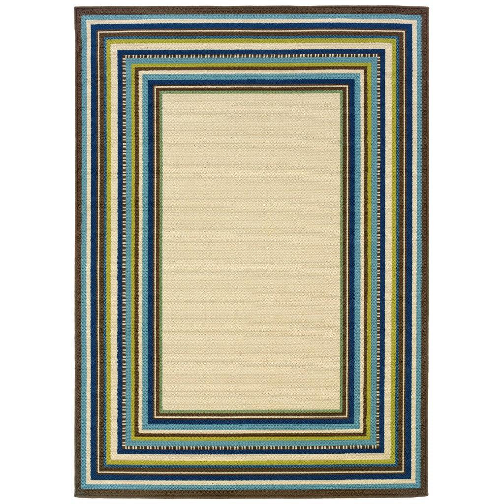 5' x 8' Ivory Mediterranean Blue and Lime Border Indoor Outdoor Area Rug - AFS