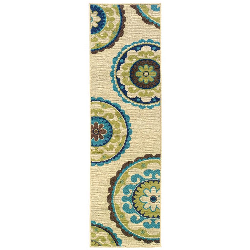 8' Ivory Indigo and Lime Medallion Disc Indoor Outdoor Runner Rug - AFS