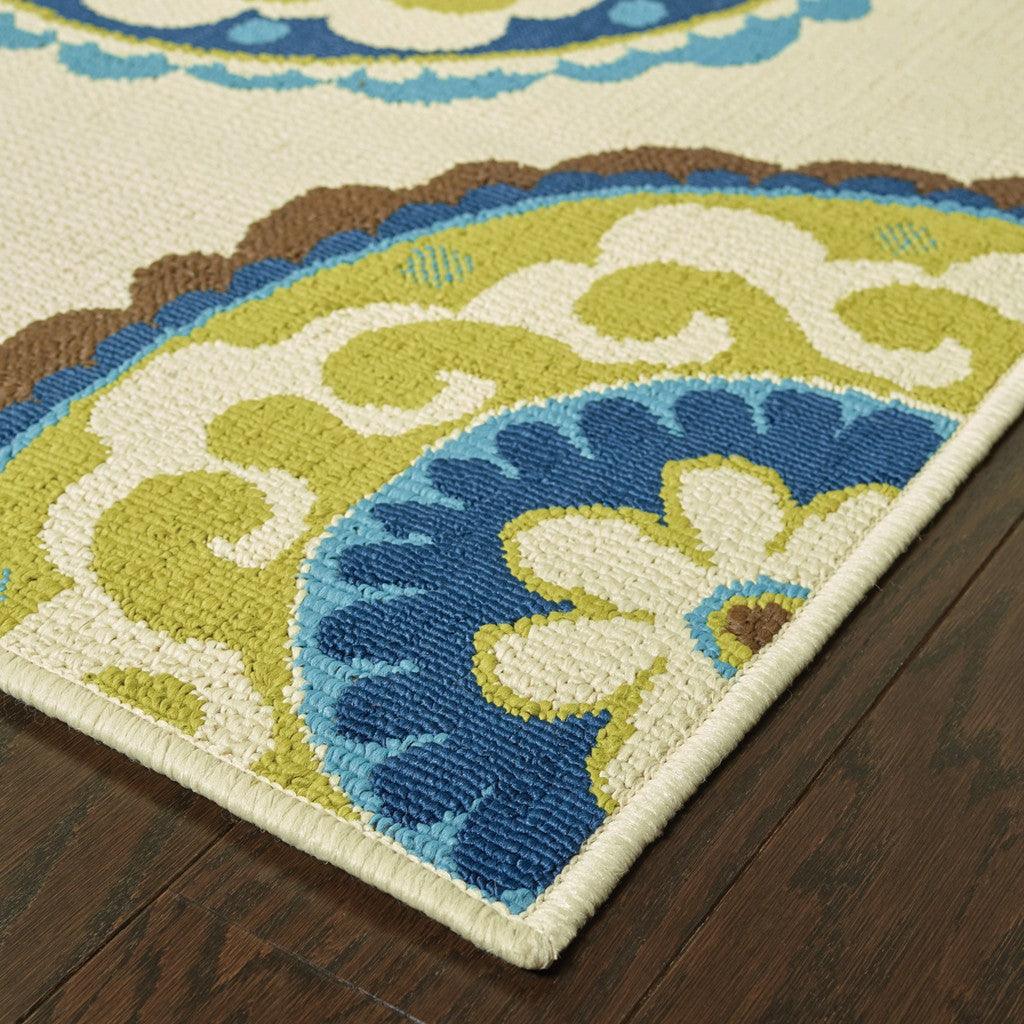 8' Ivory Indigo and Lime Medallion Disc Indoor Outdoor Runner Rug - AFS