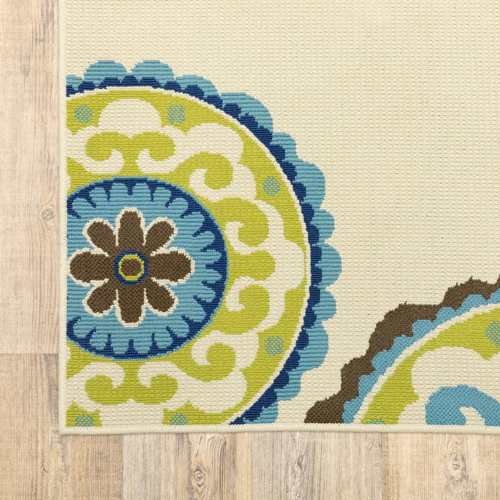 8' Ivory Indigo and Lime Medallion Disc Indoor Outdoor Runner Rug - AFS