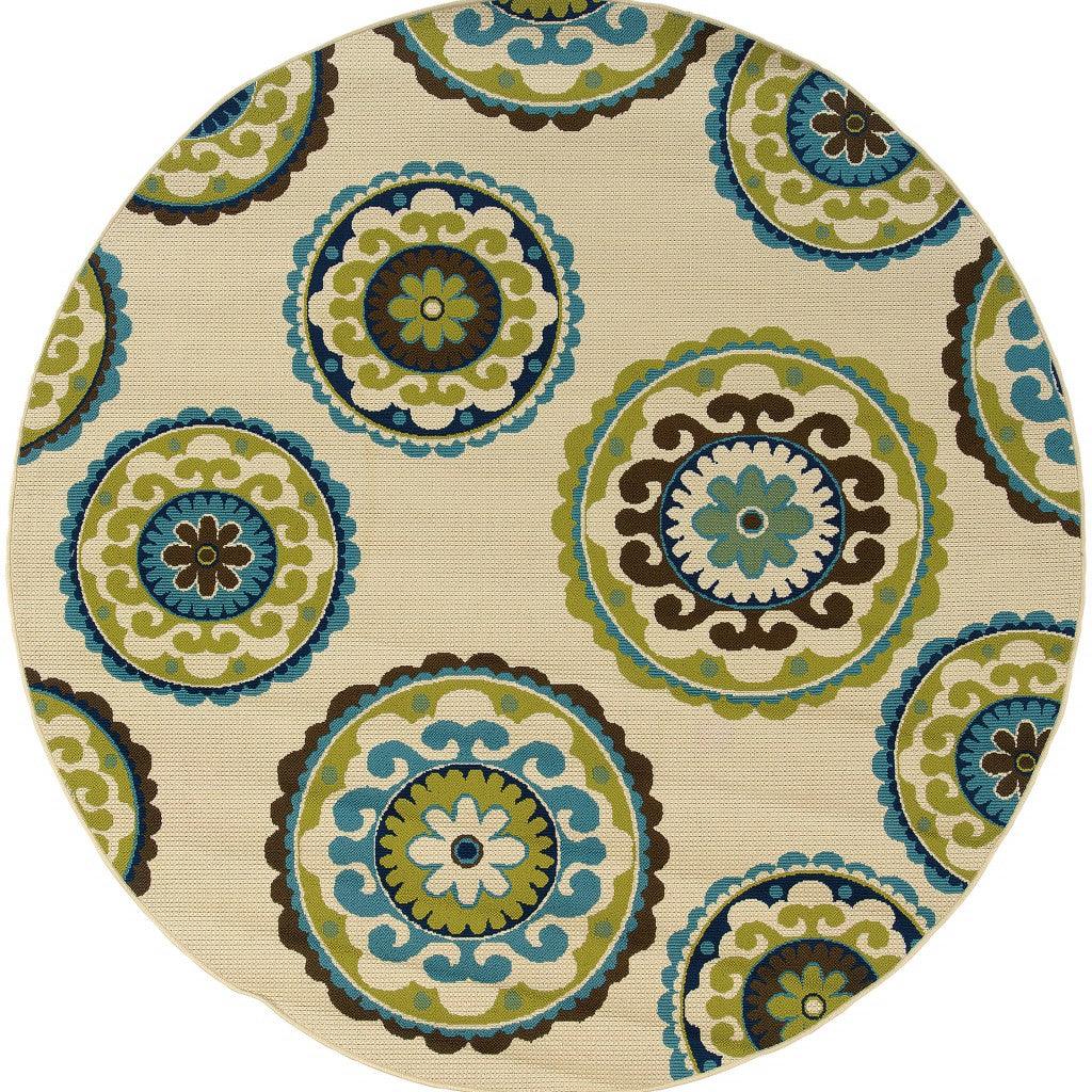 8' Ivory Indigo and Lime Medallion Disc Indoor Outdoor Runner Rug - AFS