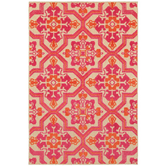 7' x 10' Pink and Orange Medallion Indoor Outdoor Area Rug - AFS