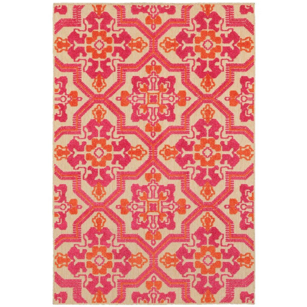 7' x 10' Pink and Orange Medallion Indoor Outdoor Area Rug - AFS