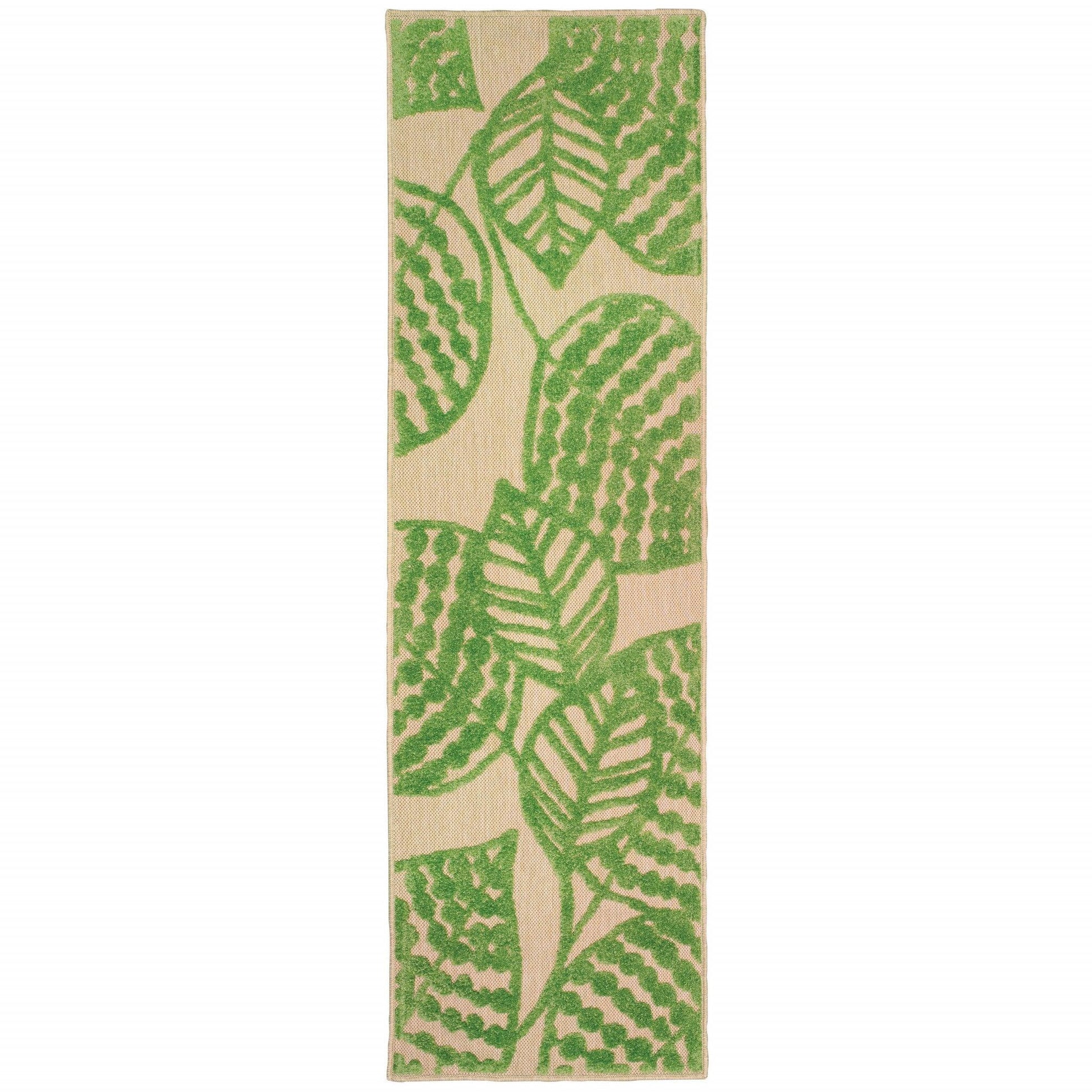 8' Sand and Lime Green Leaves Indoor Outdoor Runner Rug - AFS