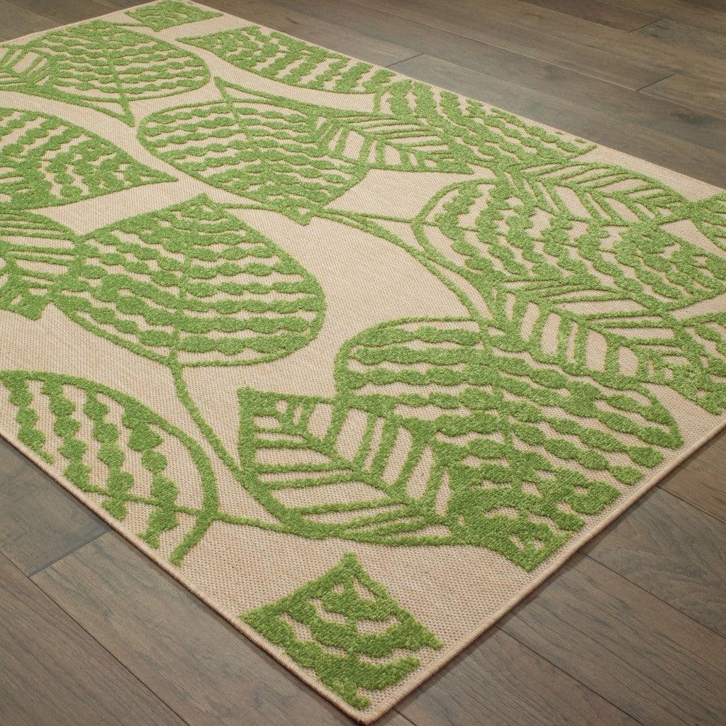 8' Sand and Lime Green Leaves Indoor Outdoor Runner Rug - AFS