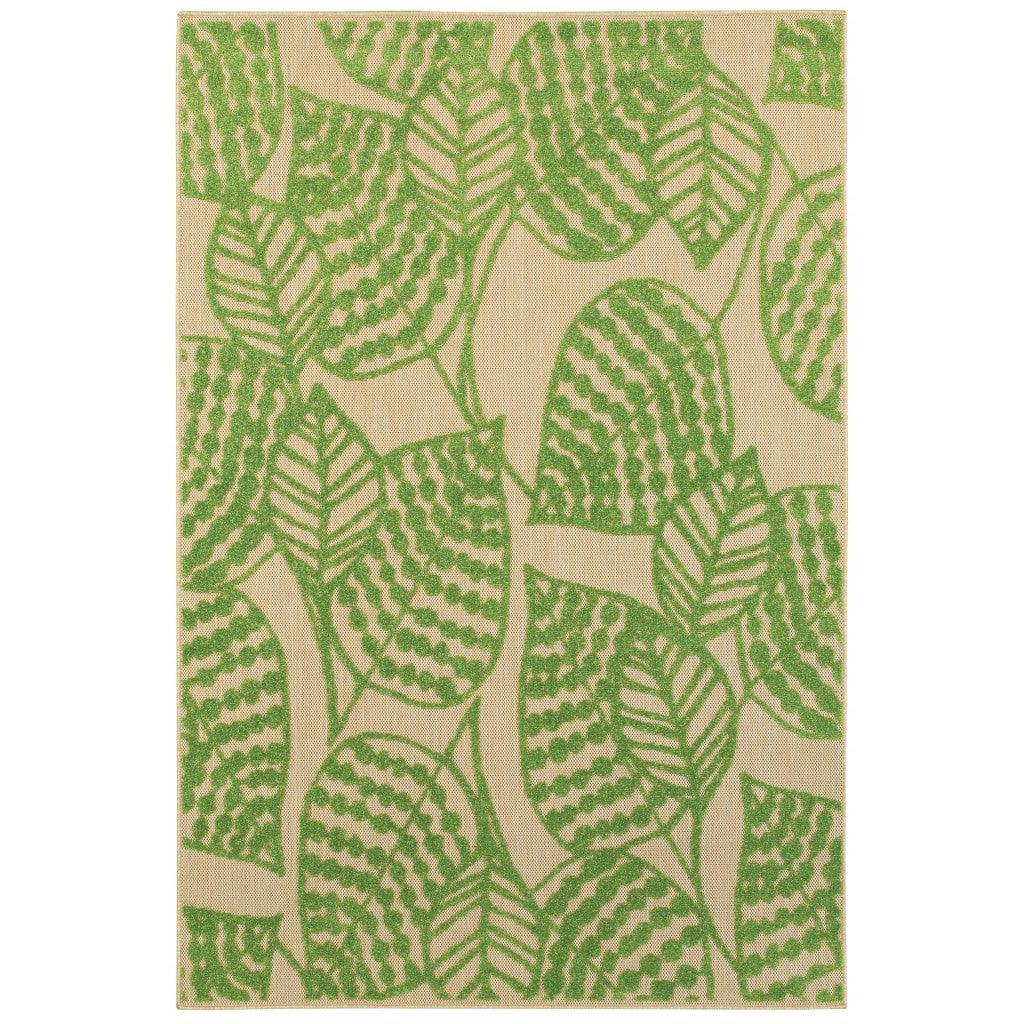 8' Sand and Lime Green Leaves Indoor Outdoor Runner Rug - AFS