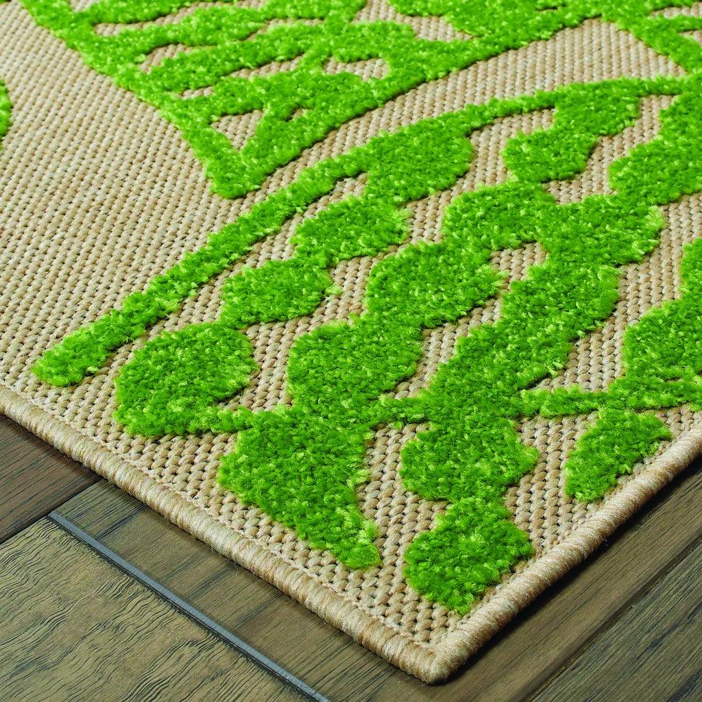 8' Sand and Lime Green Leaves Indoor Outdoor Runner Rug - AFS