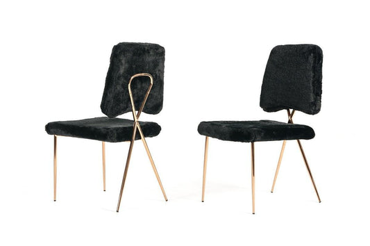 Set of 2 Glam Modern Black Faux Fur Dining Chairs - AFS