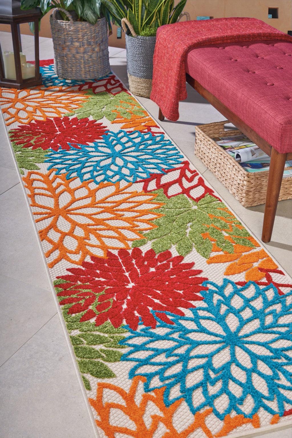 2? x 12? Green Floral Indoor Outdoor Runner Rug - AFS