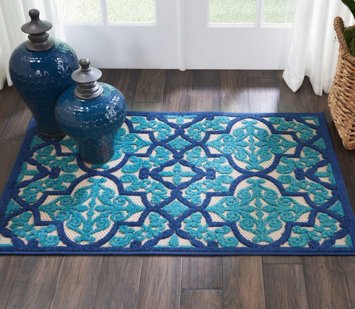 3? x 4? Navy and Beige Trellis Indoor Outdoor Area Rug - AFS