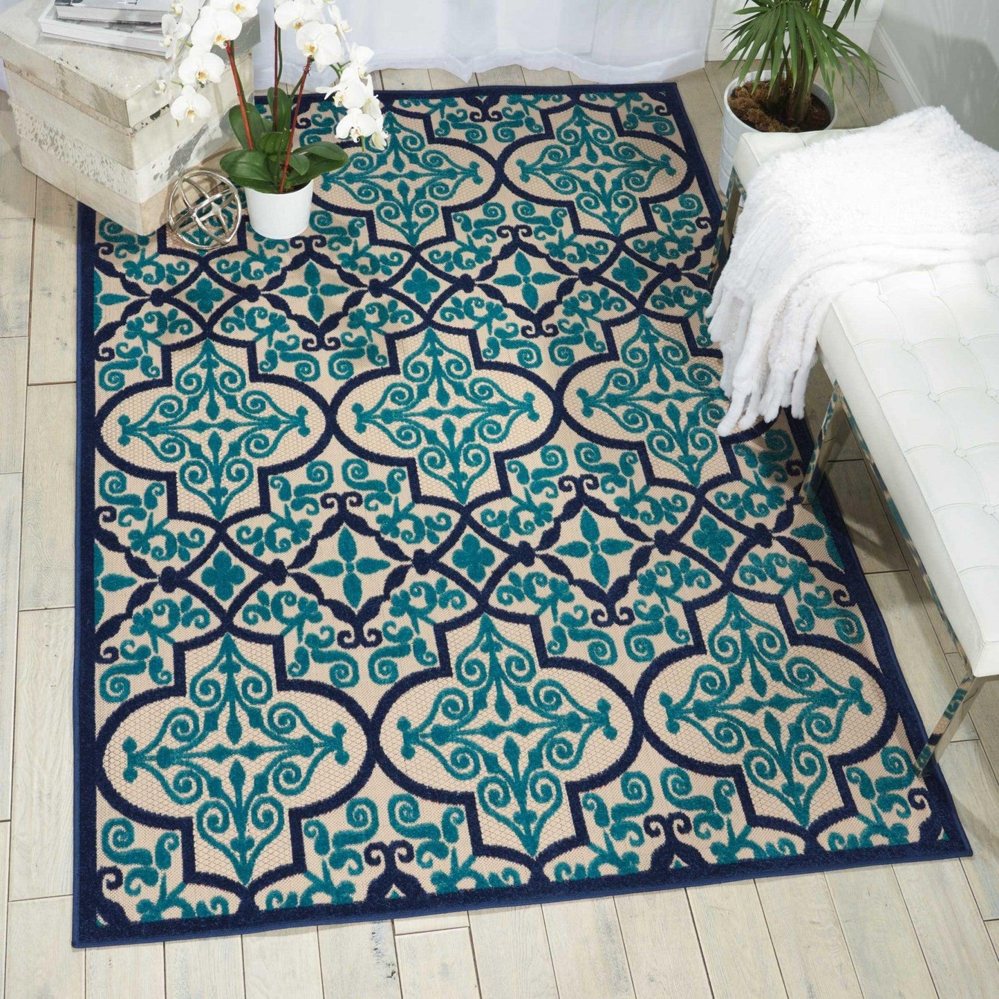 3? x 4? Navy and Beige Trellis Indoor Outdoor Area Rug - AFS