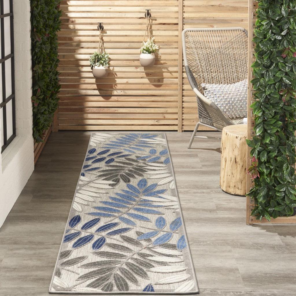 2? x 10? Gray and Blue Leaves Indoor Outdoor Runner Rug - AFS