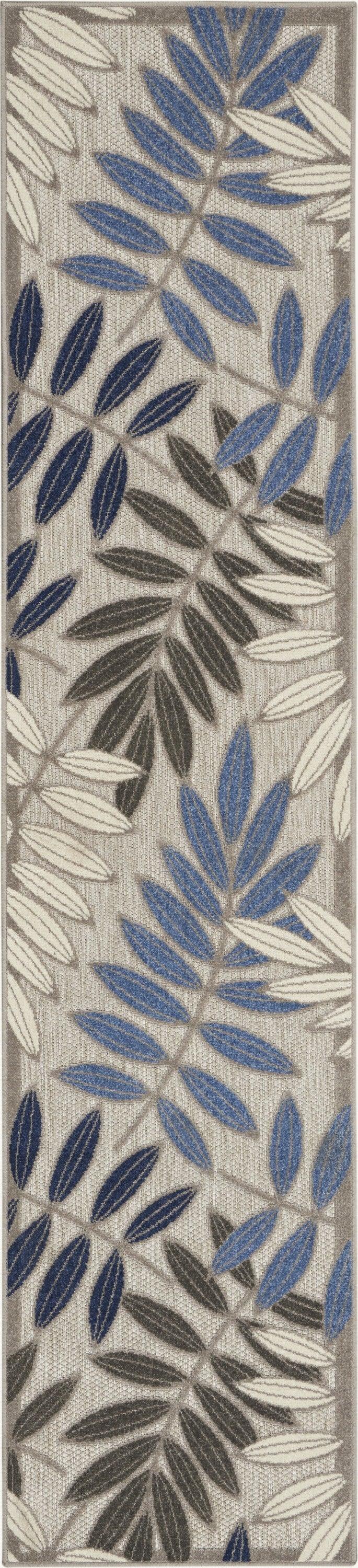 2? x 10? Gray and Blue Leaves Indoor Outdoor Runner Rug - AFS