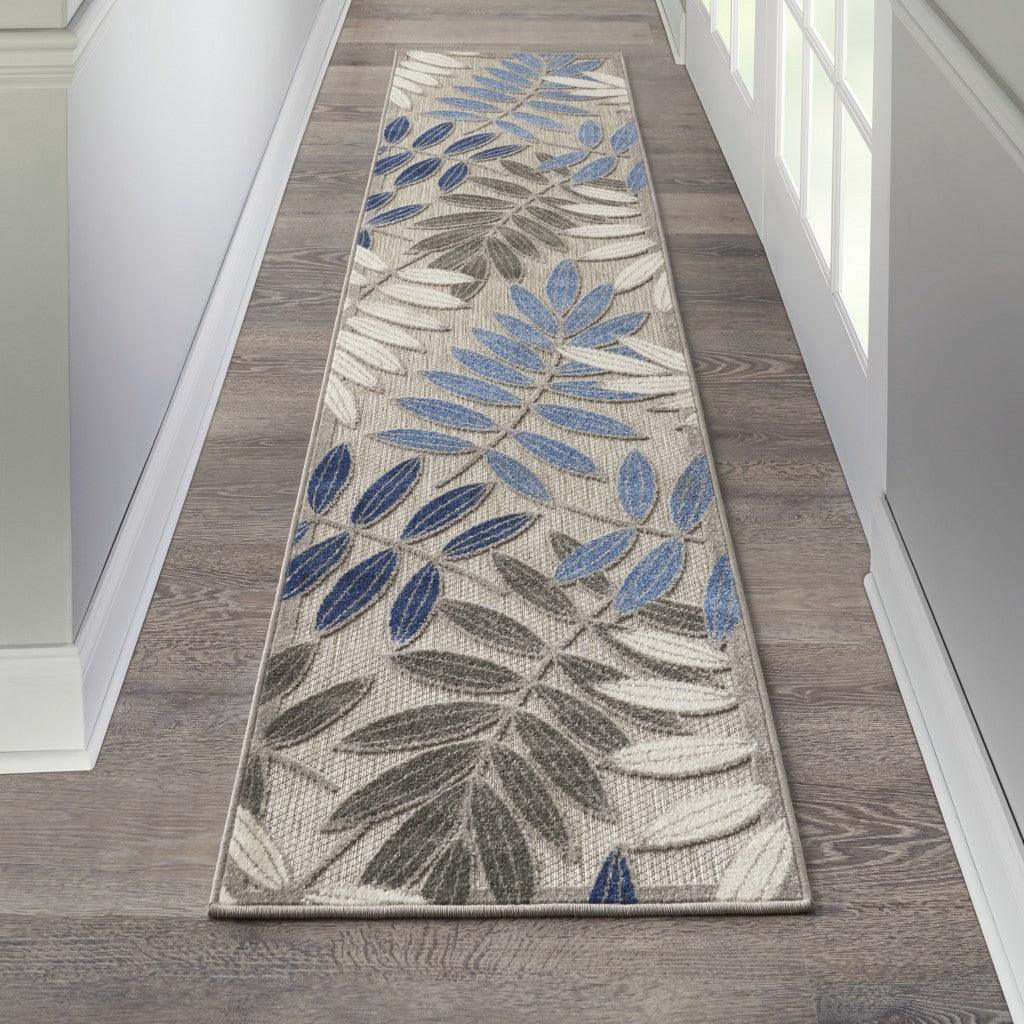 2? x 10? Gray and Blue Leaves Indoor Outdoor Runner Rug - AFS