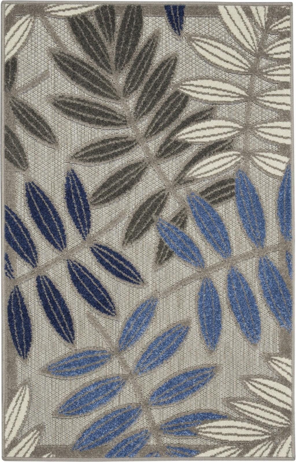 2? x 10? Gray and Blue Leaves Indoor Outdoor Runner Rug - AFS