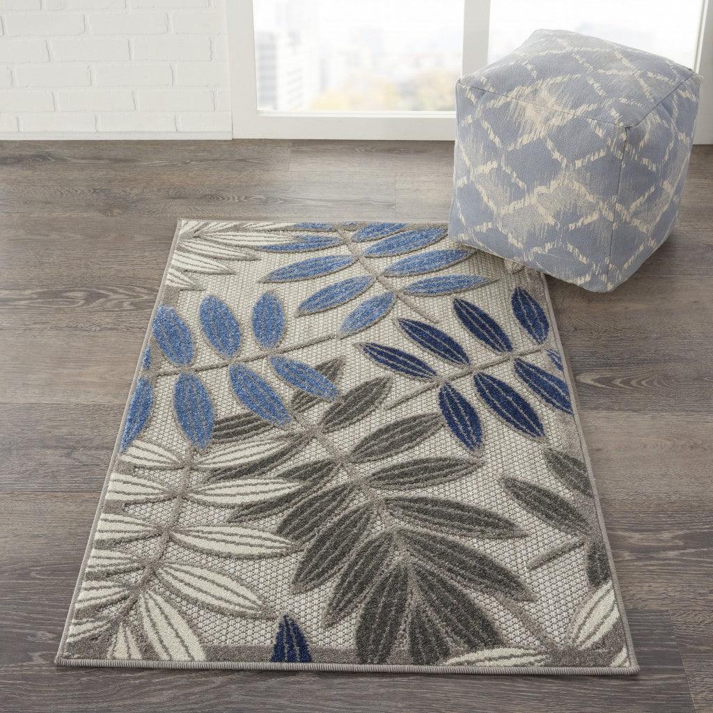 2? x 10? Gray and Blue Leaves Indoor Outdoor Runner Rug - AFS