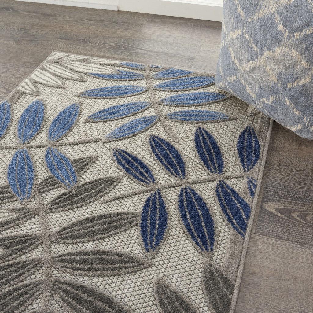 2? x 10? Gray and Blue Leaves Indoor Outdoor Runner Rug - AFS