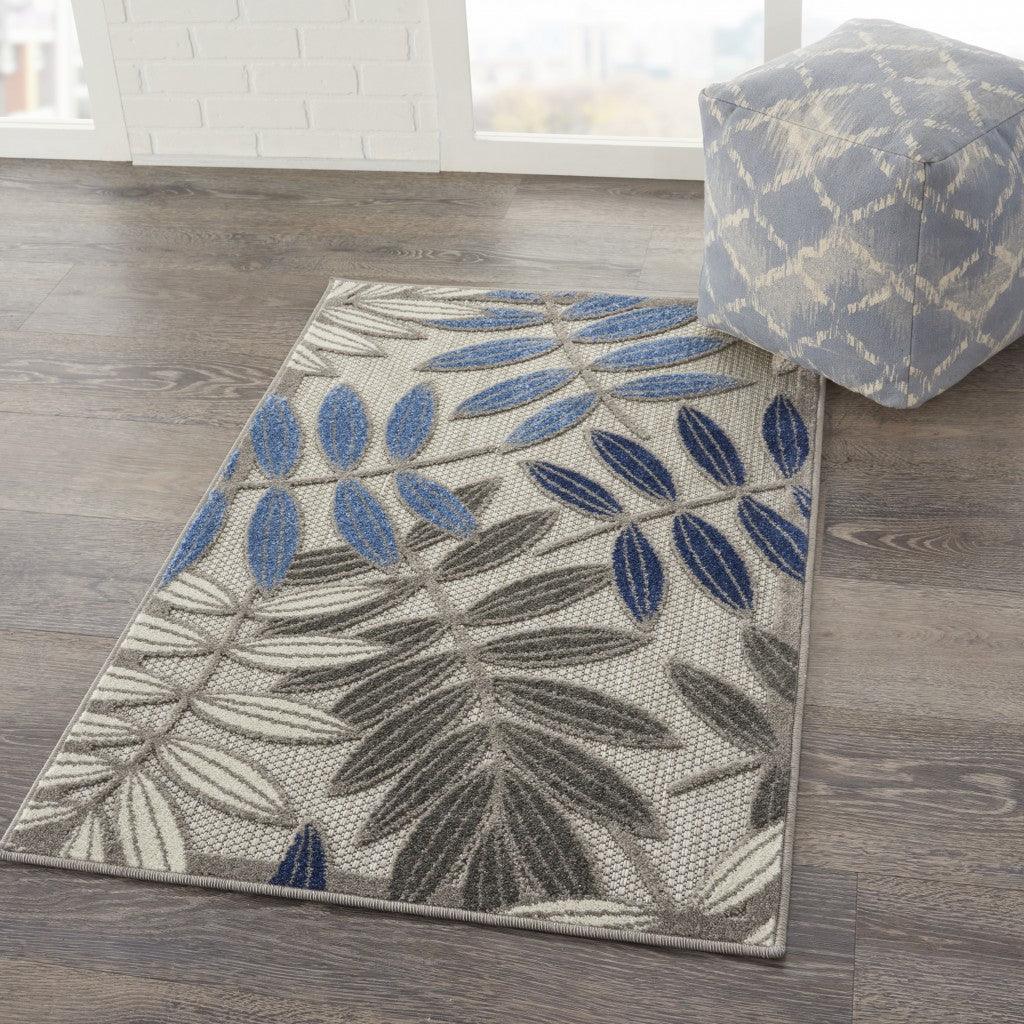 2? x 10? Gray and Blue Leaves Indoor Outdoor Runner Rug - AFS