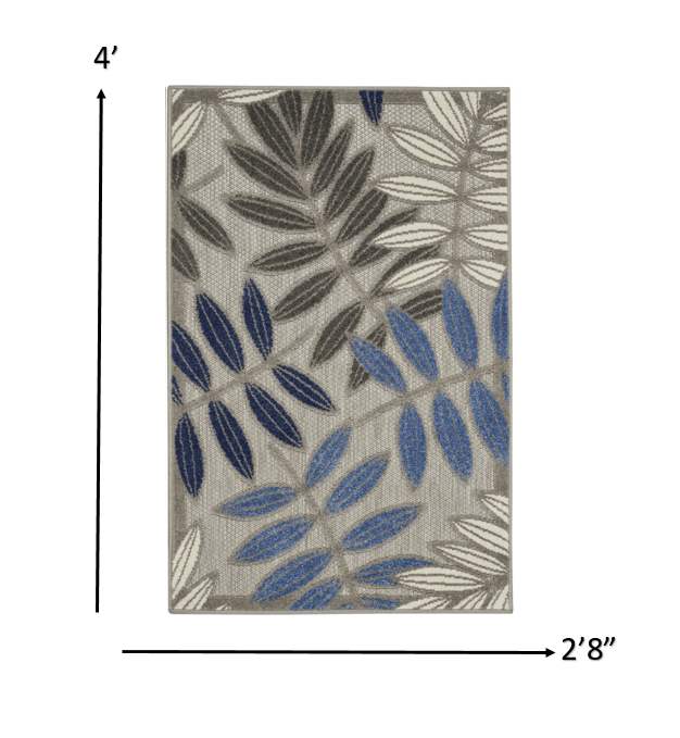 2? x 10? Gray and Blue Leaves Indoor Outdoor Runner Rug - AFS