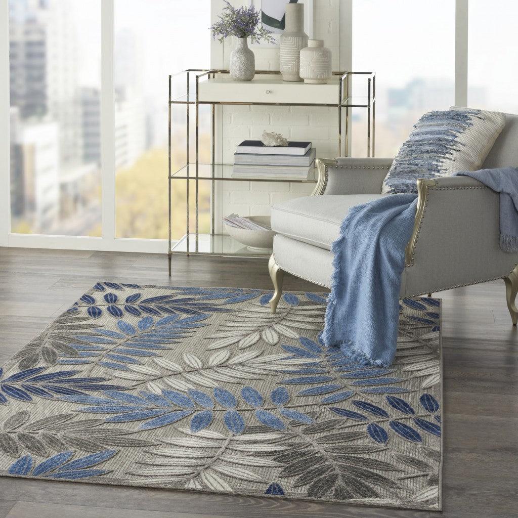 2? x 10? Gray and Blue Leaves Indoor Outdoor Runner Rug - AFS