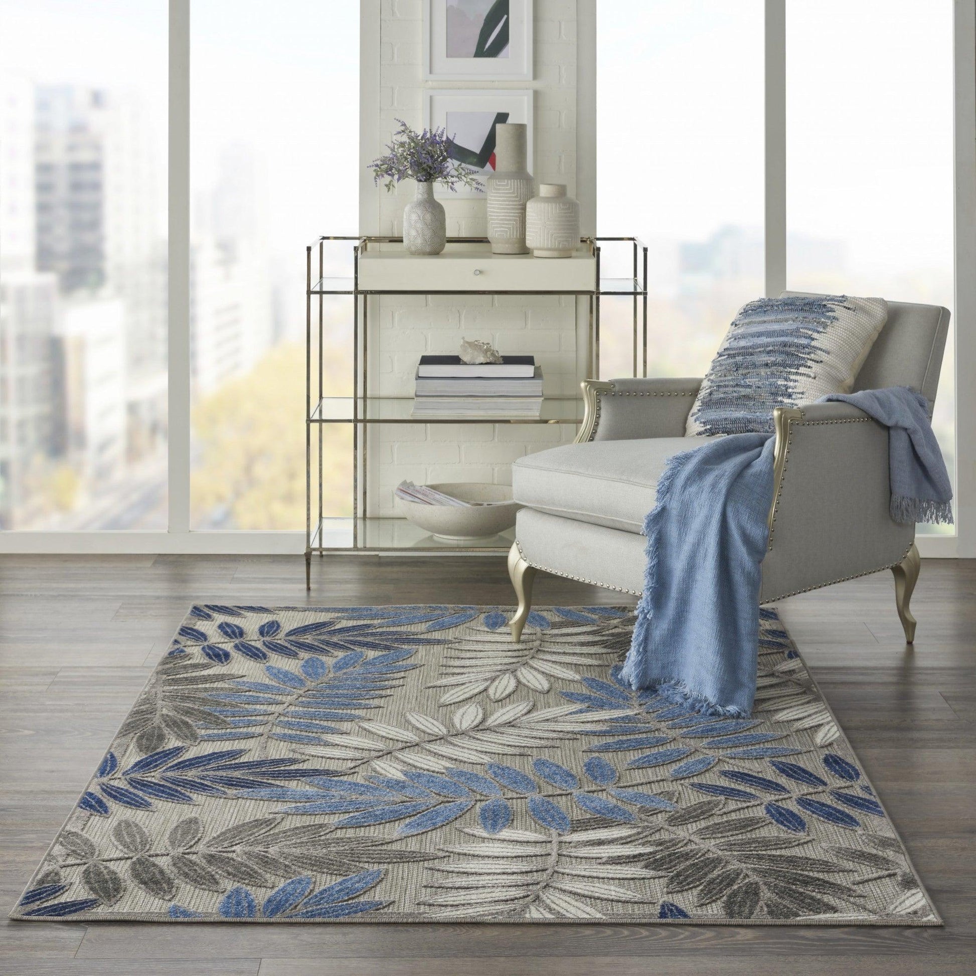 2? x 10? Gray and Blue Leaves Indoor Outdoor Runner Rug - AFS