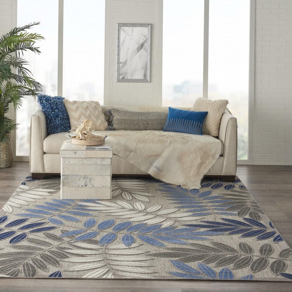 2? x 10? Gray and Blue Leaves Indoor Outdoor Runner Rug - AFS