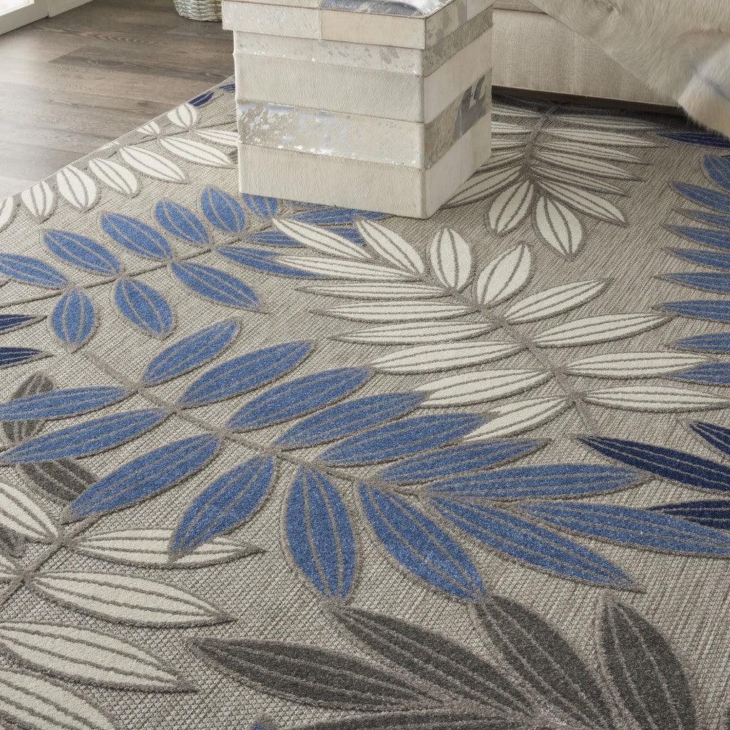 2? x 10? Gray and Blue Leaves Indoor Outdoor Runner Rug - AFS