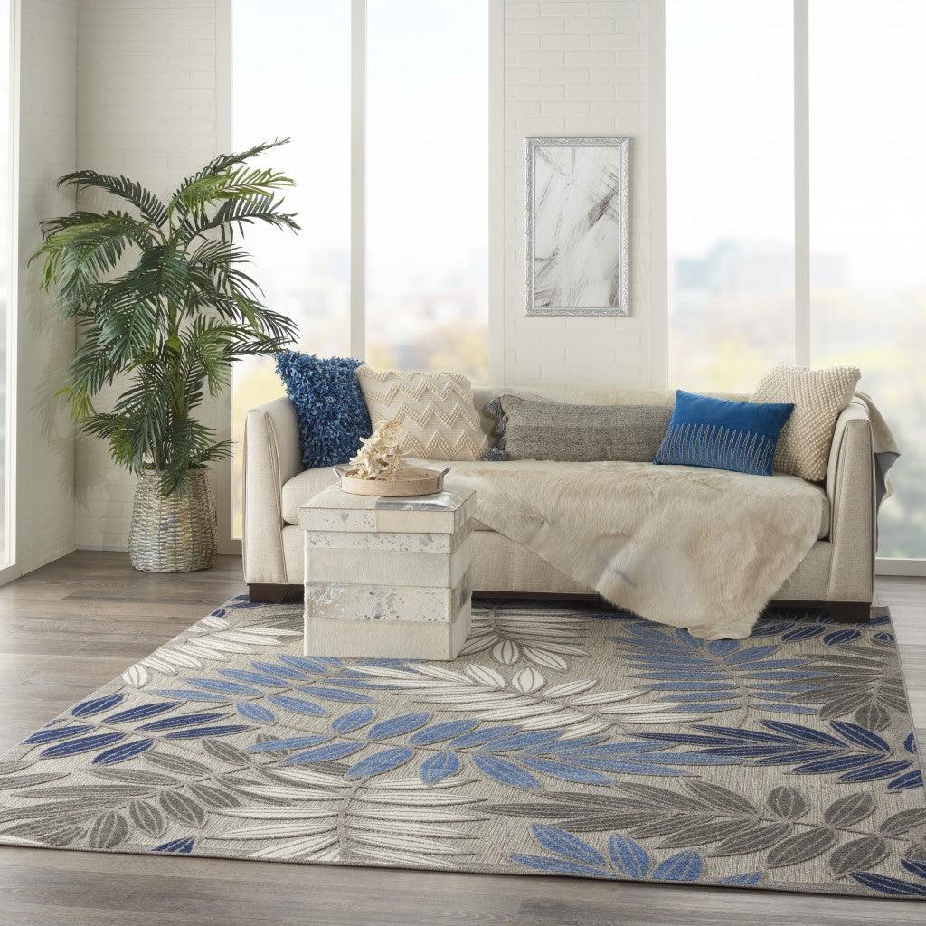 2? x 10? Gray and Blue Leaves Indoor Outdoor Runner Rug - AFS