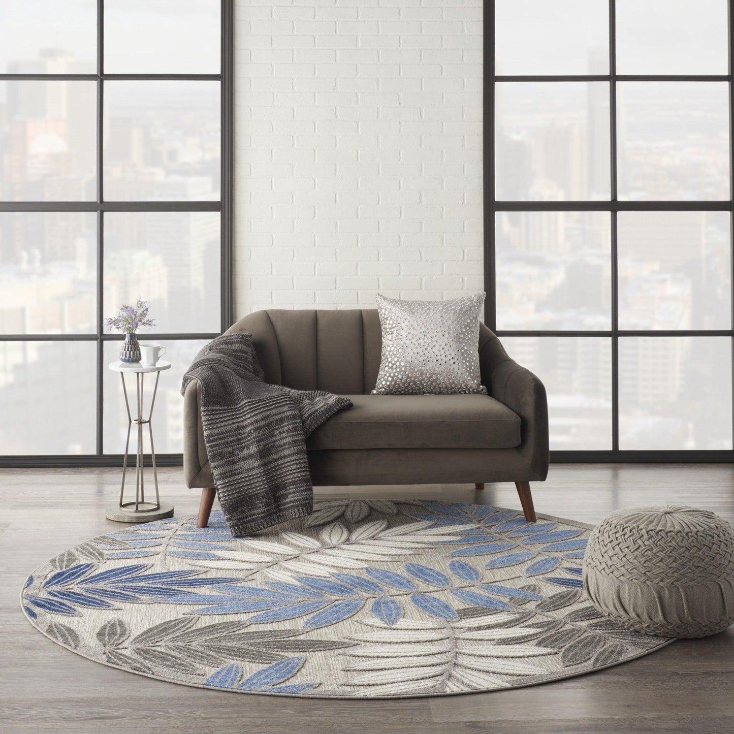 2? x 10? Gray and Blue Leaves Indoor Outdoor Runner Rug - AFS