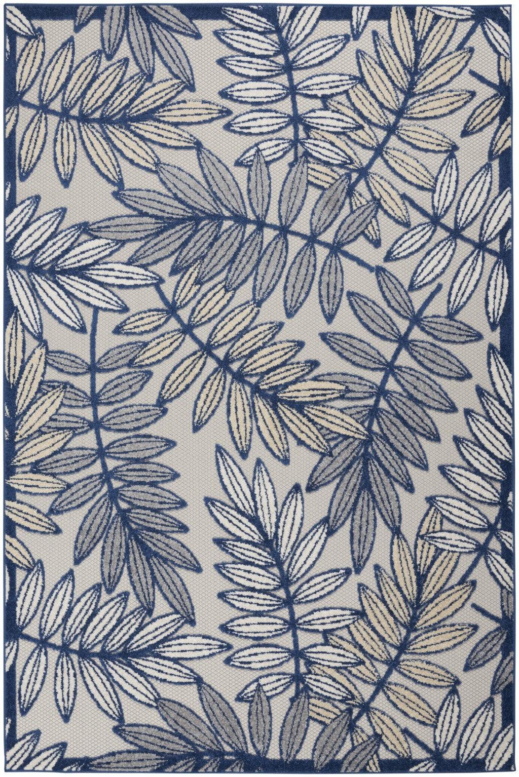 7? x 10' Ivory and Navy Leaves Indoor Outdoor Area Rug - AFS