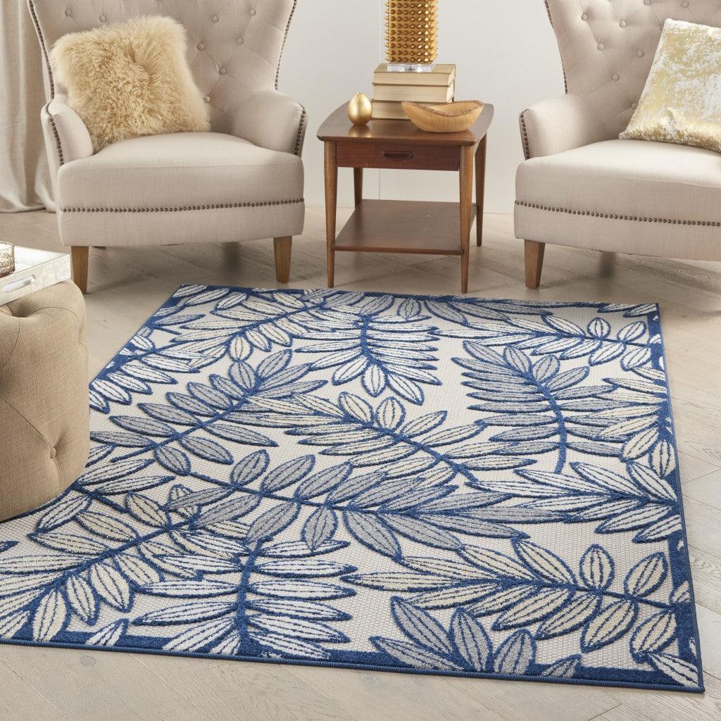 7? x 10' Ivory and Navy Leaves Indoor Outdoor Area Rug - AFS