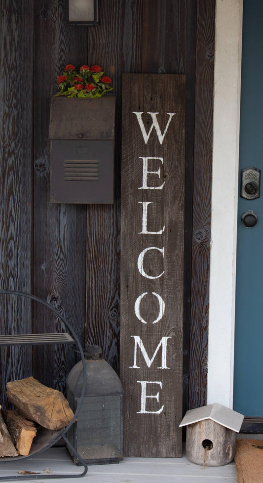 Rustic Espresso Brown and White Front Porch Welcome Sign - AFS