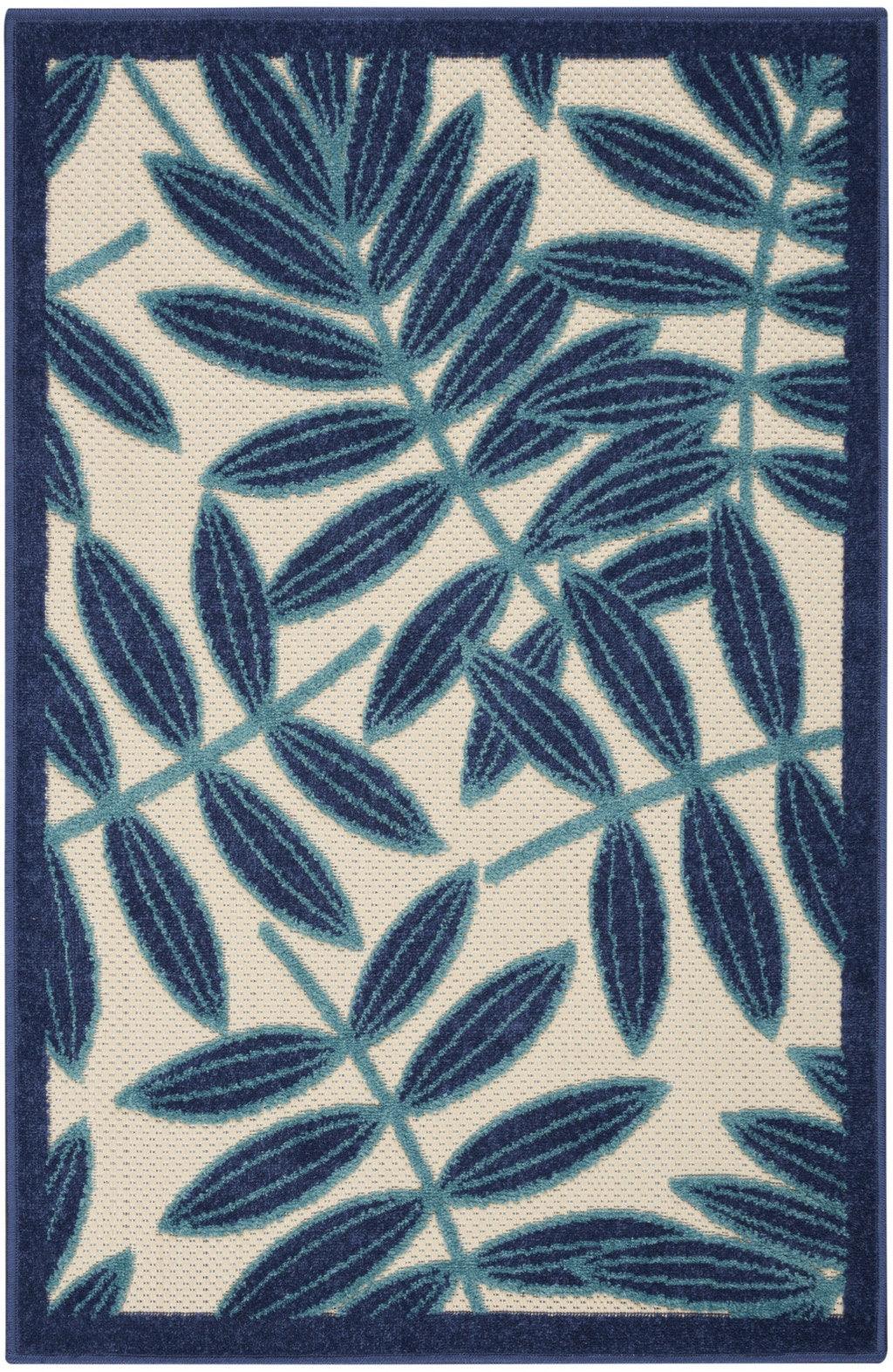 7? x 10? Navy and Beige Leaves Indoor Outdoor Area Rug - AFS