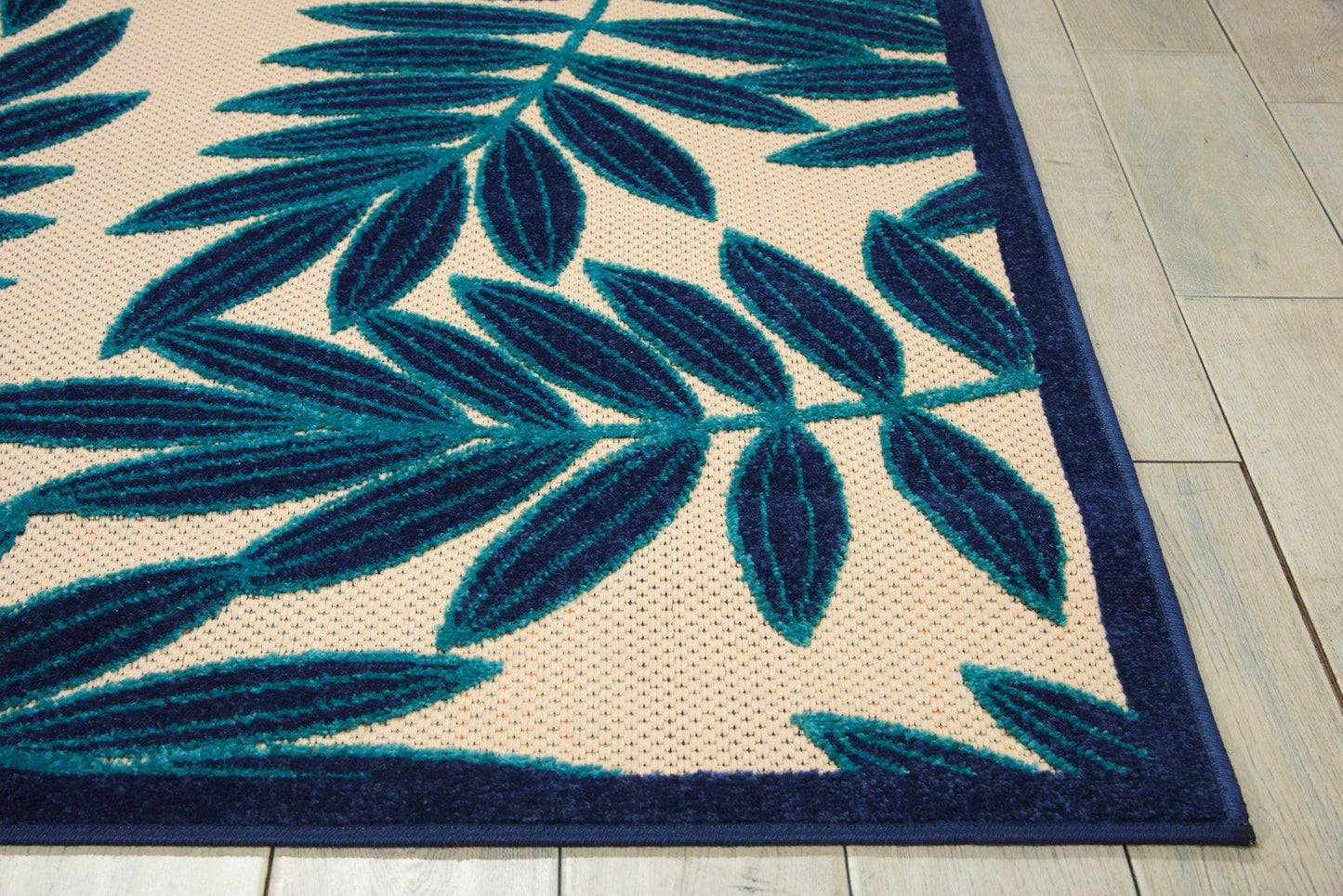 7? x 10? Navy and Beige Leaves Indoor Outdoor Area Rug - AFS