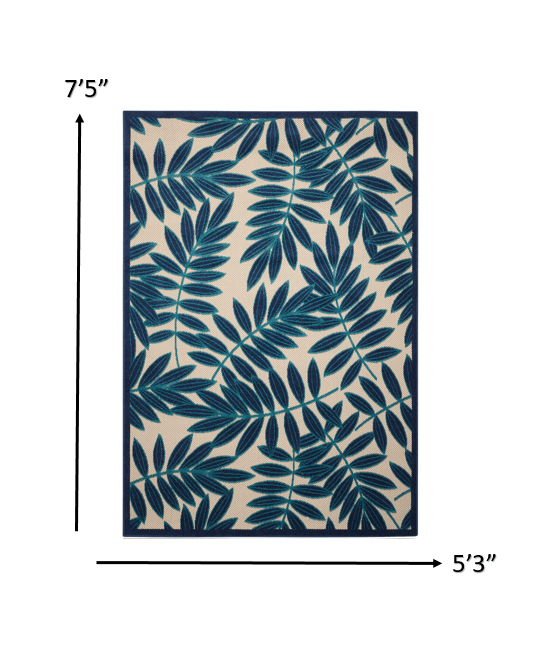 7? x 10? Navy and Beige Leaves Indoor Outdoor Area Rug - AFS