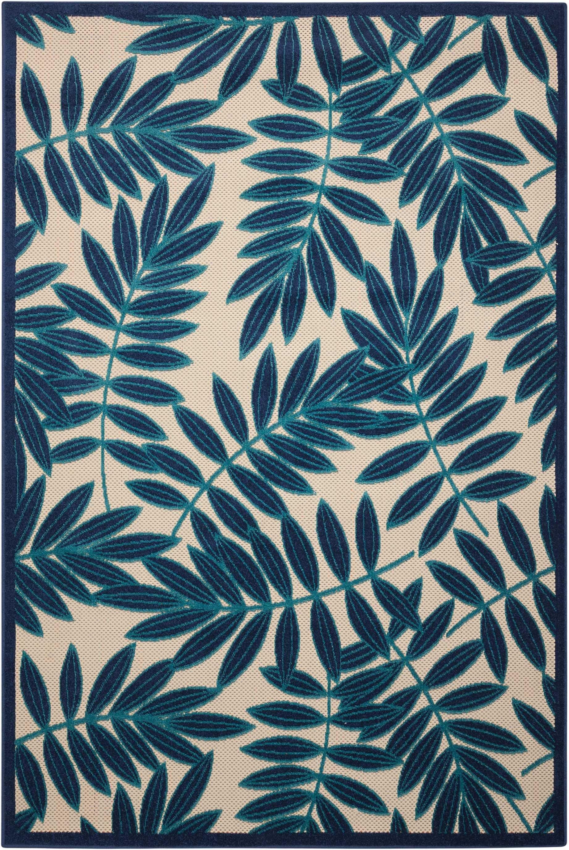 7? x 10? Navy and Beige Leaves Indoor Outdoor Area Rug - AFS