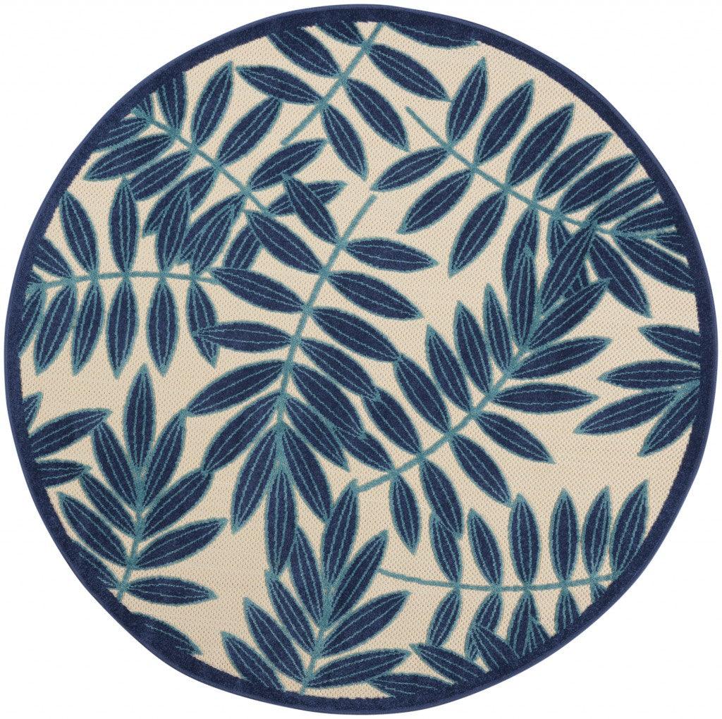 7? x 10? Navy and Beige Leaves Indoor Outdoor Area Rug - AFS