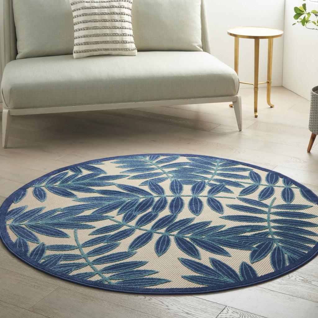 7? x 10? Navy and Beige Leaves Indoor Outdoor Area Rug - AFS