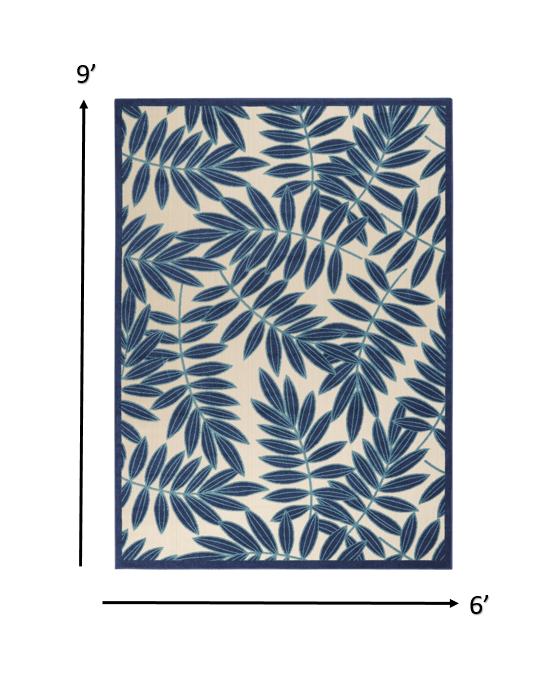 7? x 10? Navy and Beige Leaves Indoor Outdoor Area Rug - AFS