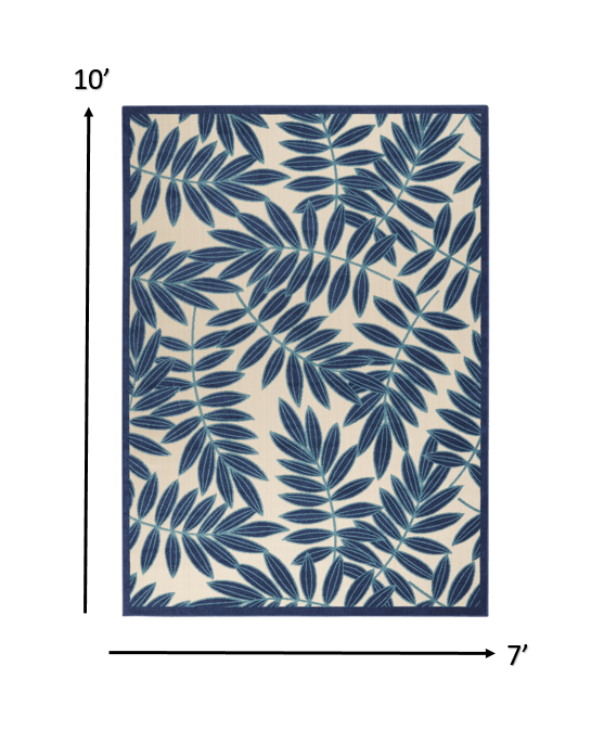 7? x 10? Navy and Beige Leaves Indoor Outdoor Area Rug - AFS