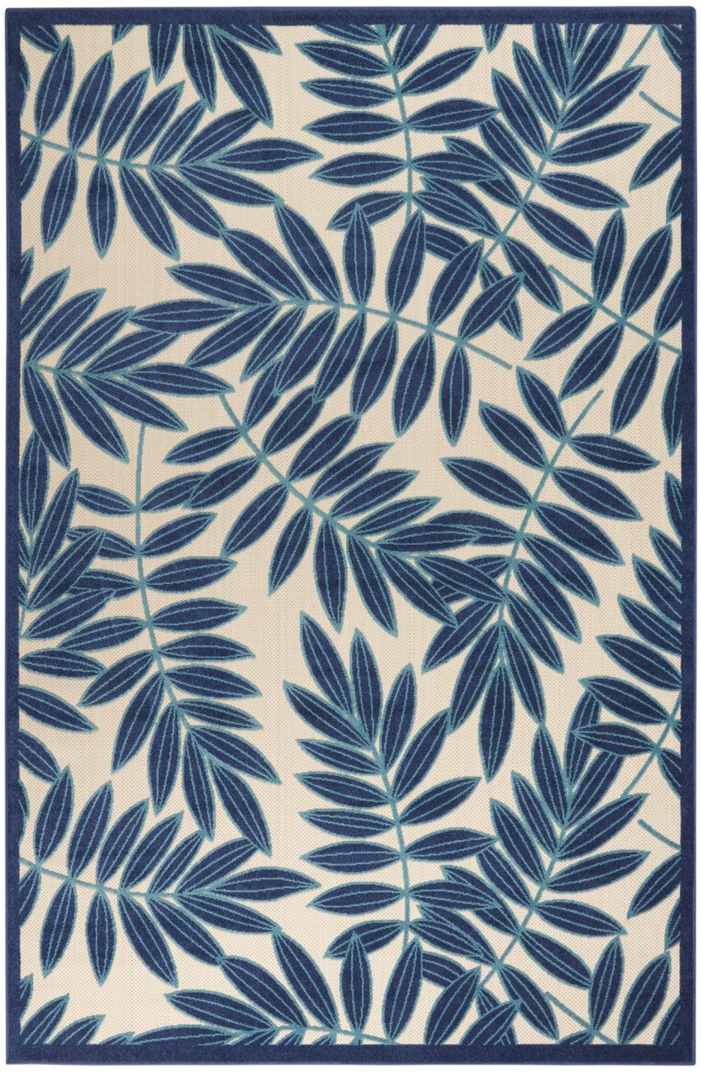 7? x 10? Navy and Beige Leaves Indoor Outdoor Area Rug - AFS